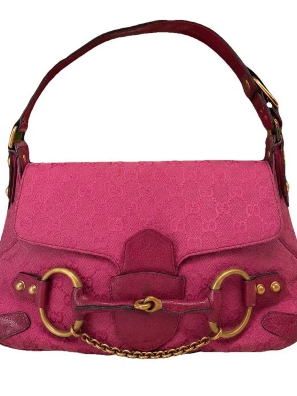 Gucci Hot Pink Canvas Shoulder Bag with Gold Horsebit